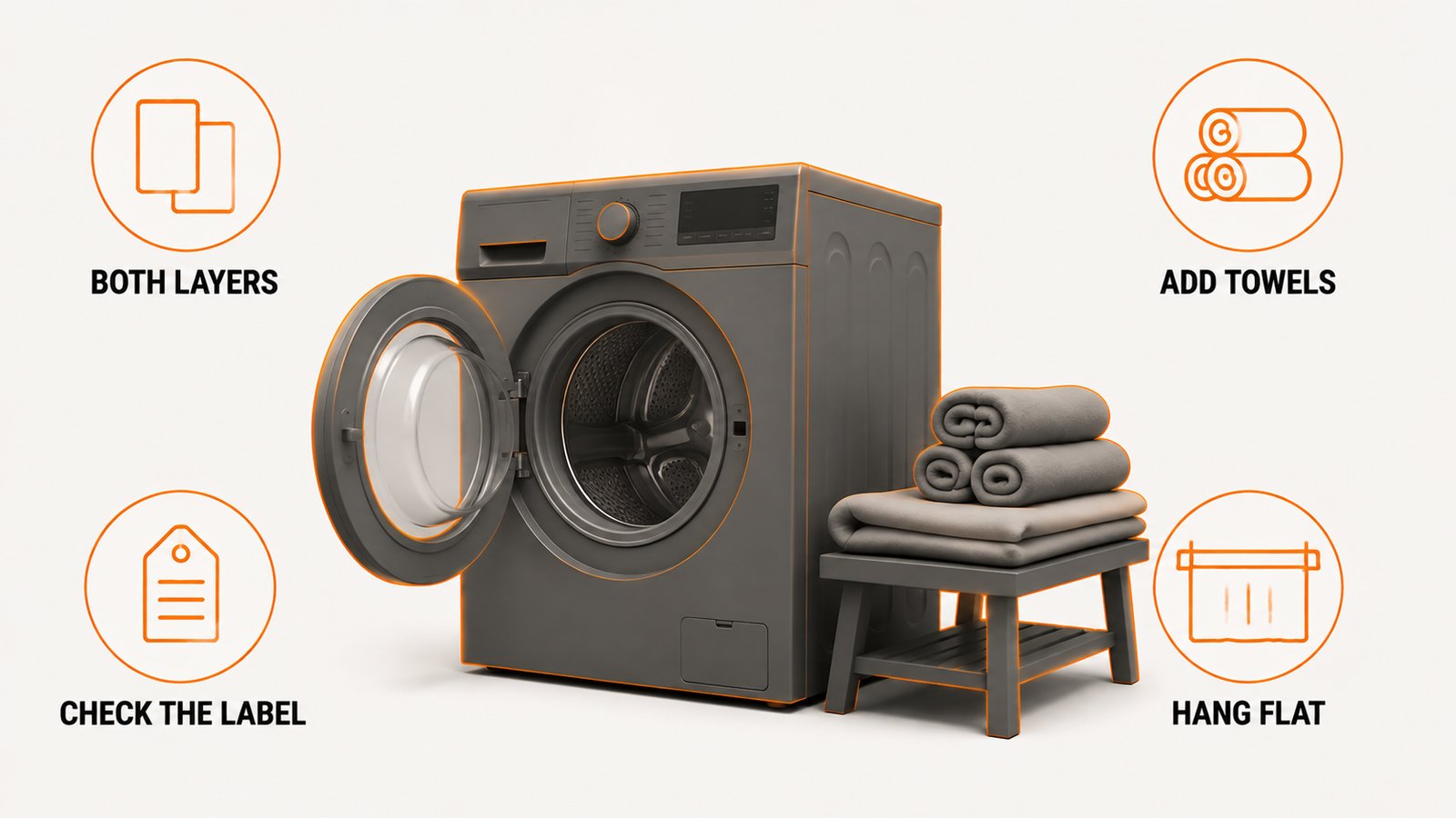 Shower curtain and liner going into a washing machine with towels