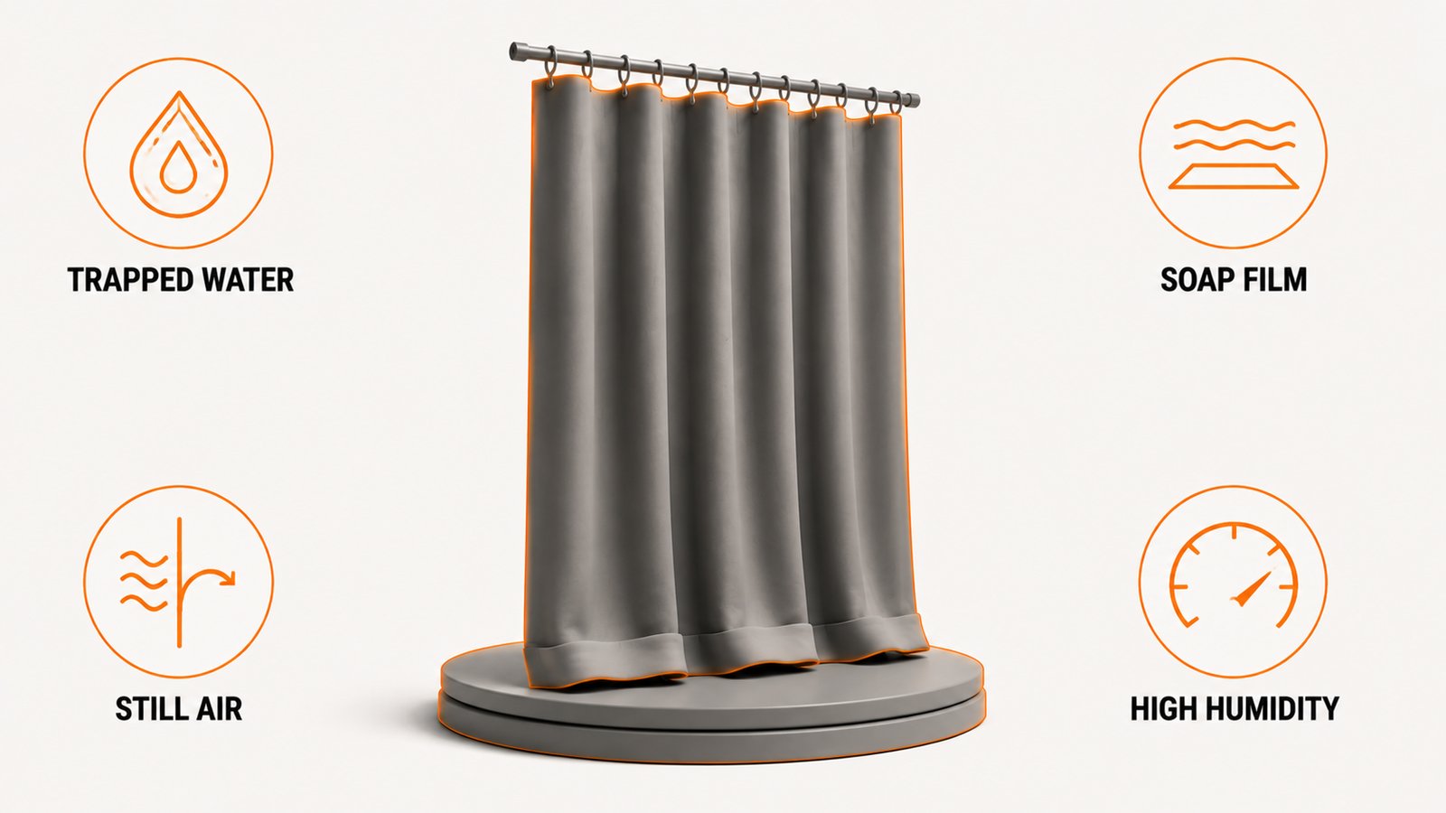 Conditions on a shower curtain that let mold grow: trapped water, folds, soap film, still air