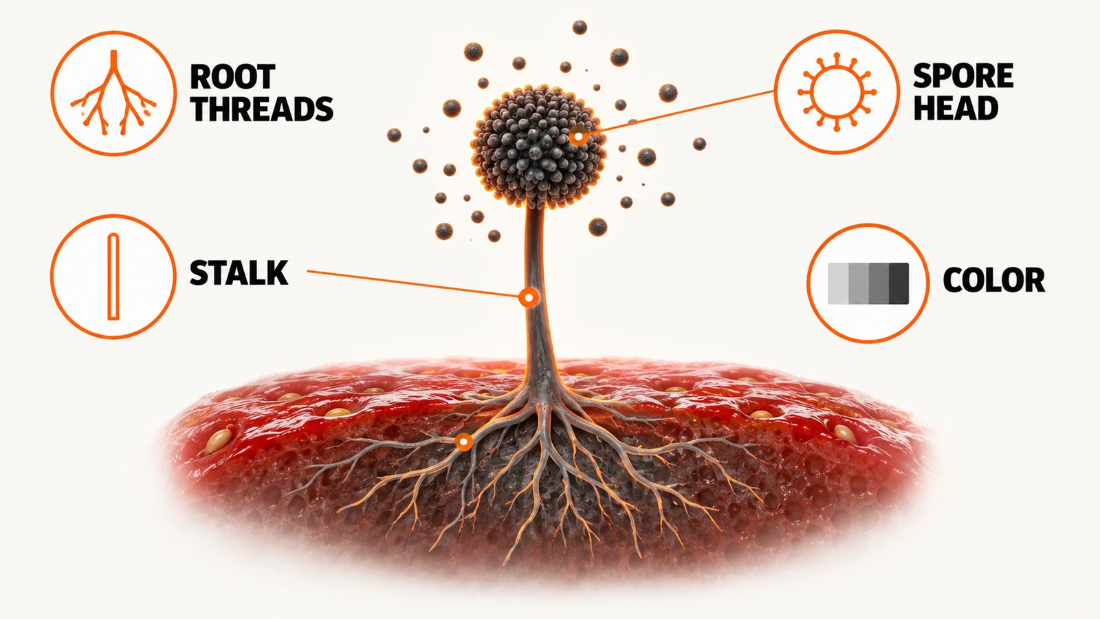 The parts of a mold colony growing on fruit, from root threads to spores