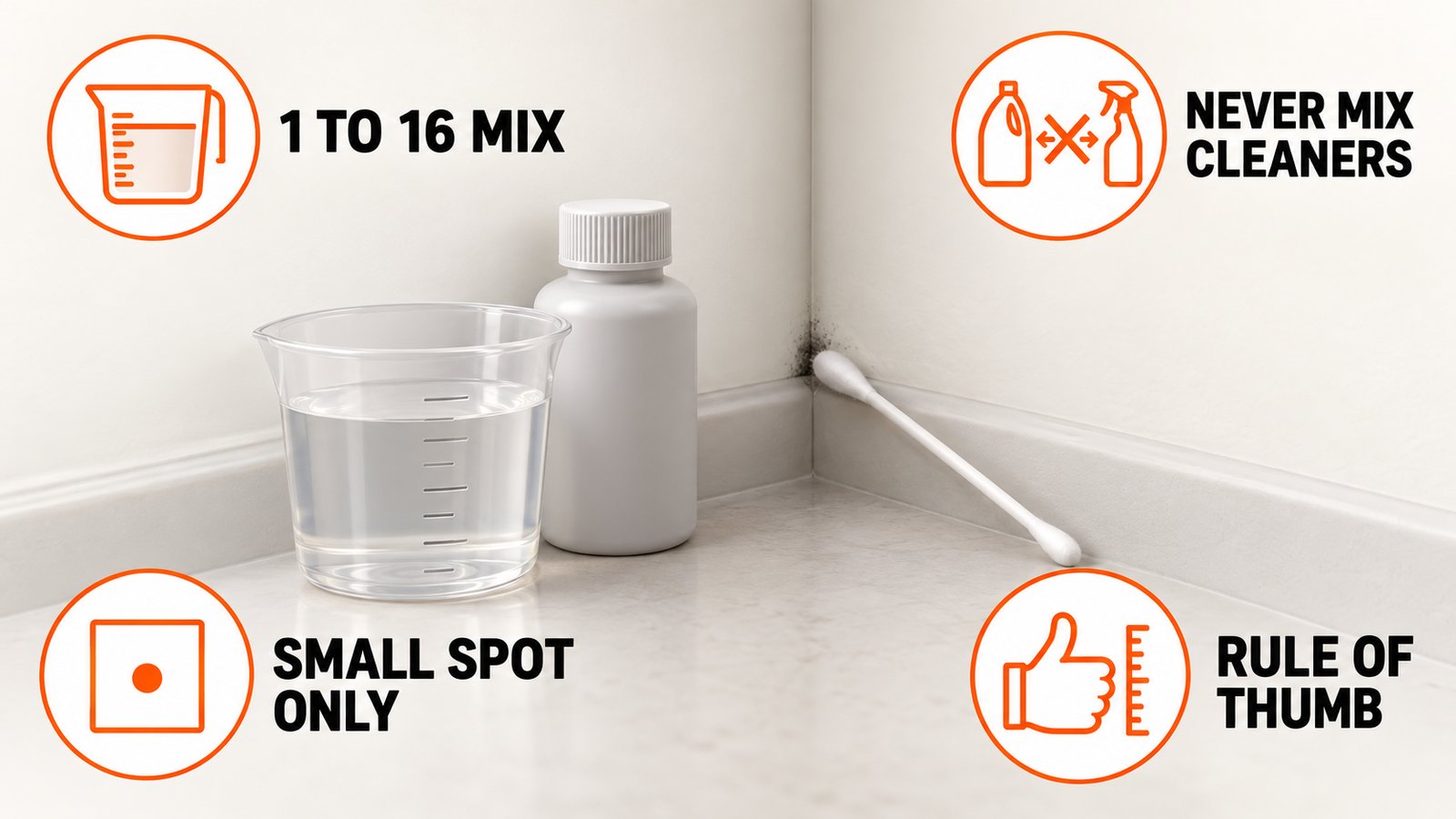 A cotton swab touching one small dark corner of a wall, with a warning against mixing cleaners