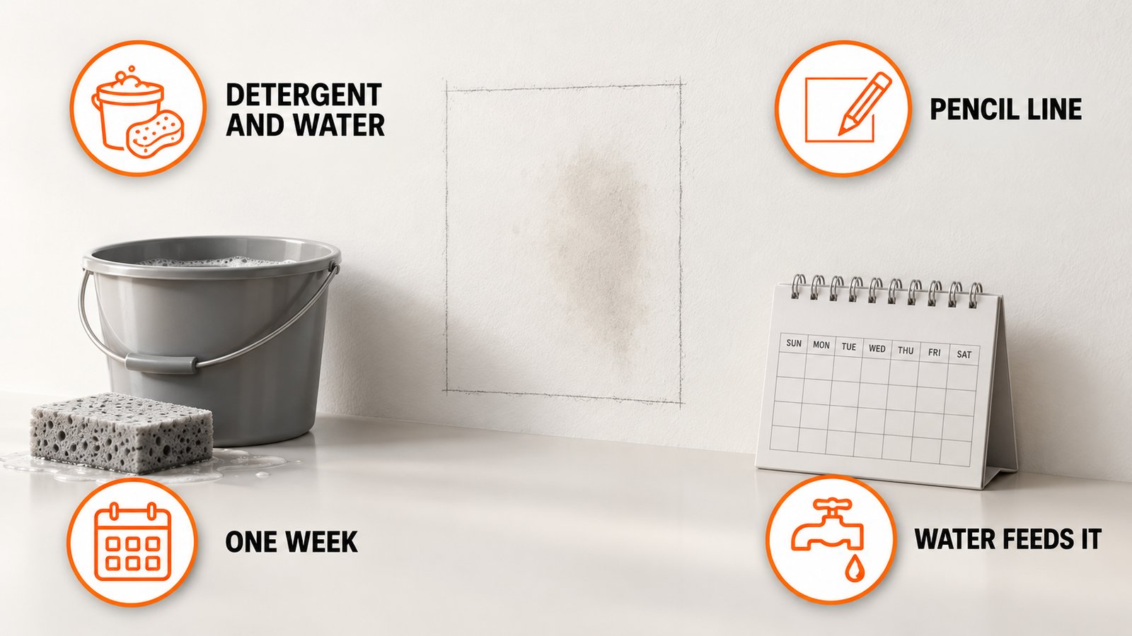 A pencil line drawn around a cleaned patch of wall with a calendar showing a week later