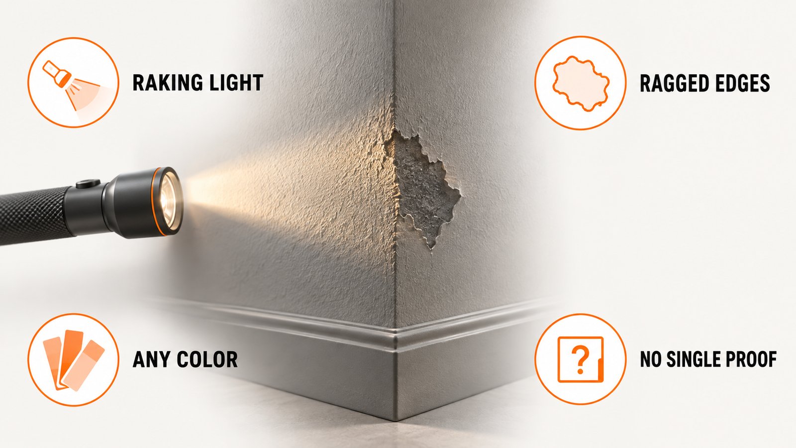 A phone flashlight held low across a wall so a raised dark patch throws a shadow