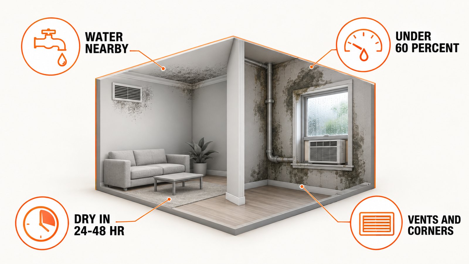 A house cutaway showing dust in corners and vents and damp patches near pipes, windows and an air conditioner