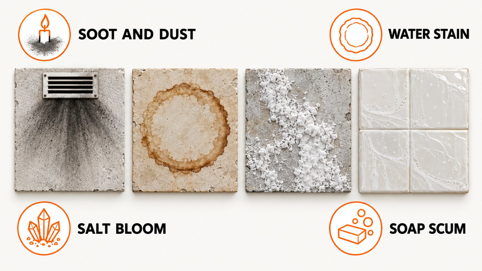 Four flat marks that look like mold: soot, a dried water stain, a white salt bloom and soap scum