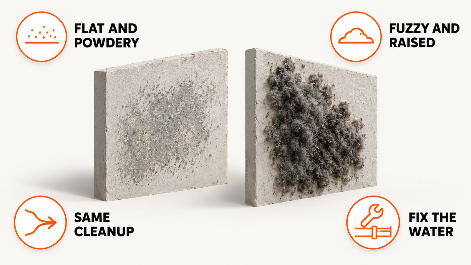 A flat powdery gray film next to a raised fuzzy patch on two wall swatches