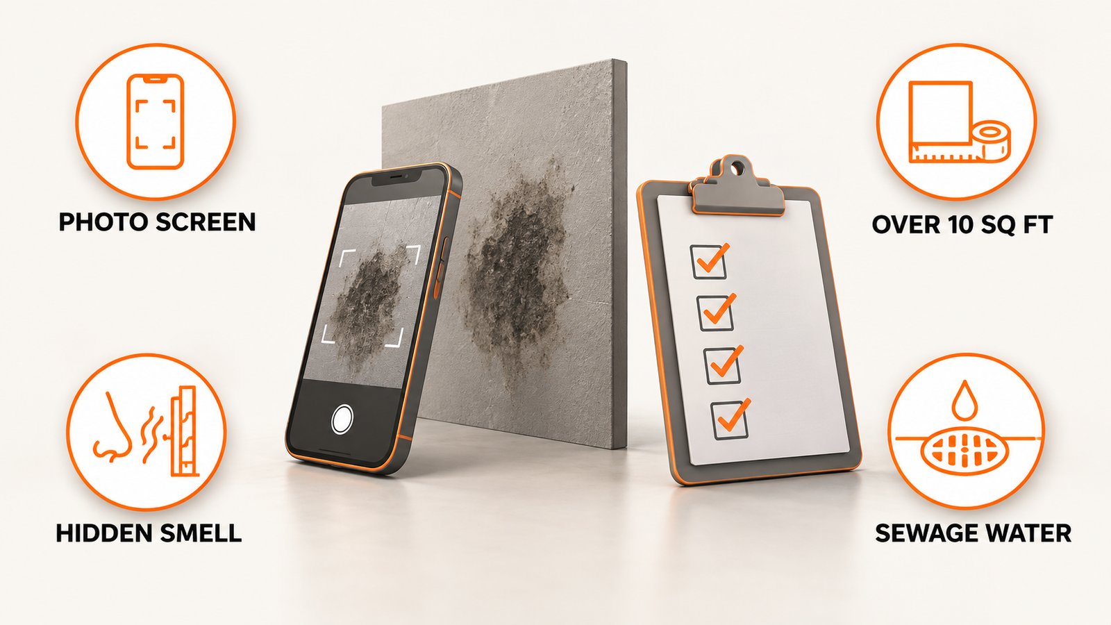 A phone photographing a wall patch, beside a clipboard for a professional visit