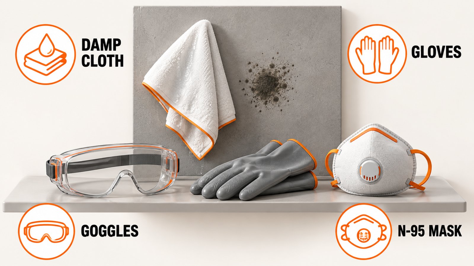 A damp white cloth beside a coin-sized dark spot, with gloves, goggles and a respirator