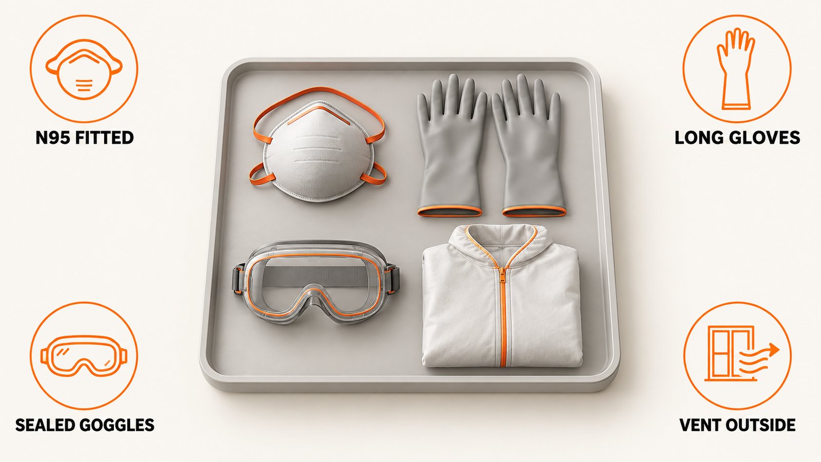 Protective equipment recommended for mold cleanup: N95 respirator, gloves, goggles, ventilation