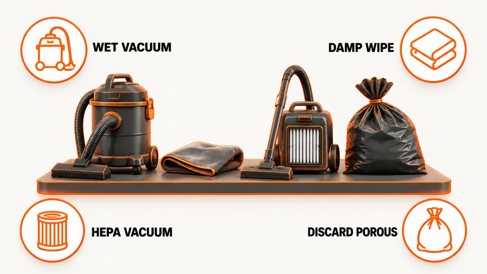 Four cleanup methods shown as separate tool icons with material types