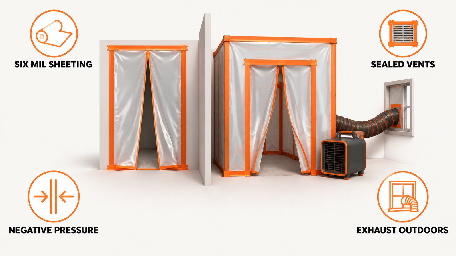 Two containment setups compared, a single sheeted enclosure and a full airlock enclosure