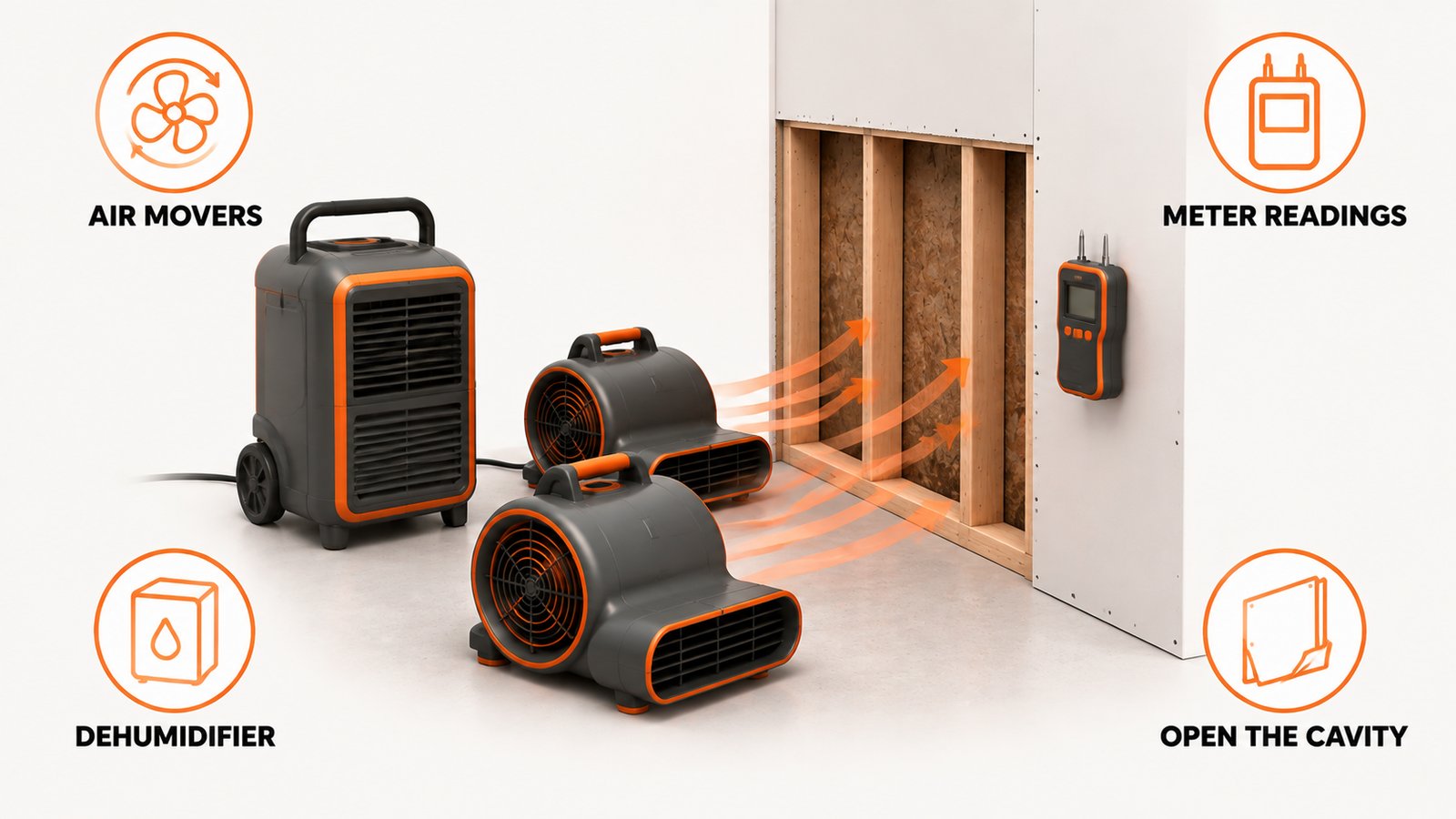 Air movers and a dehumidifier drying an opened wall cavity with a moisture meter reading
