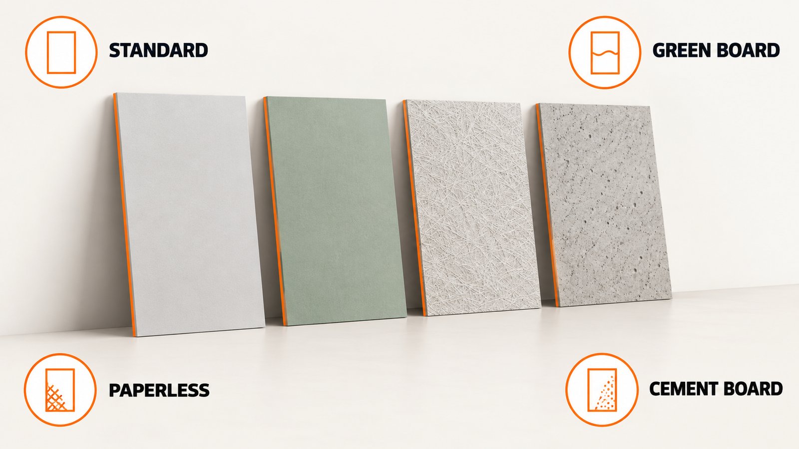 Comparison of standard, green, purple, paperless and cement board panels