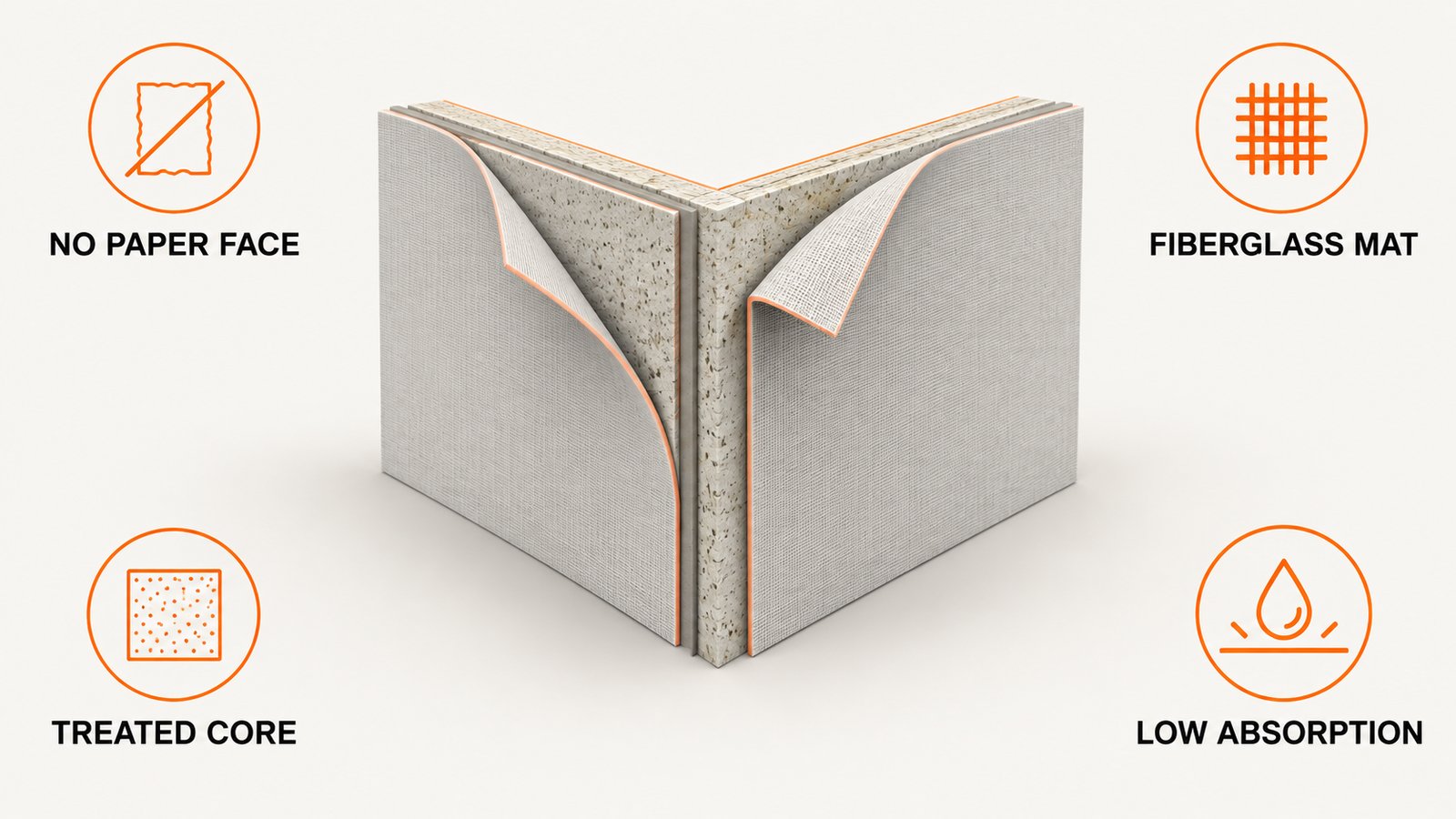 Cross section of mold resistant drywall showing a treated gypsum core and a fiberglass mat facing