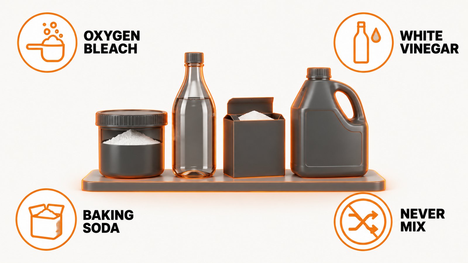 Four laundry additives shown as flat icons with their roles marked
