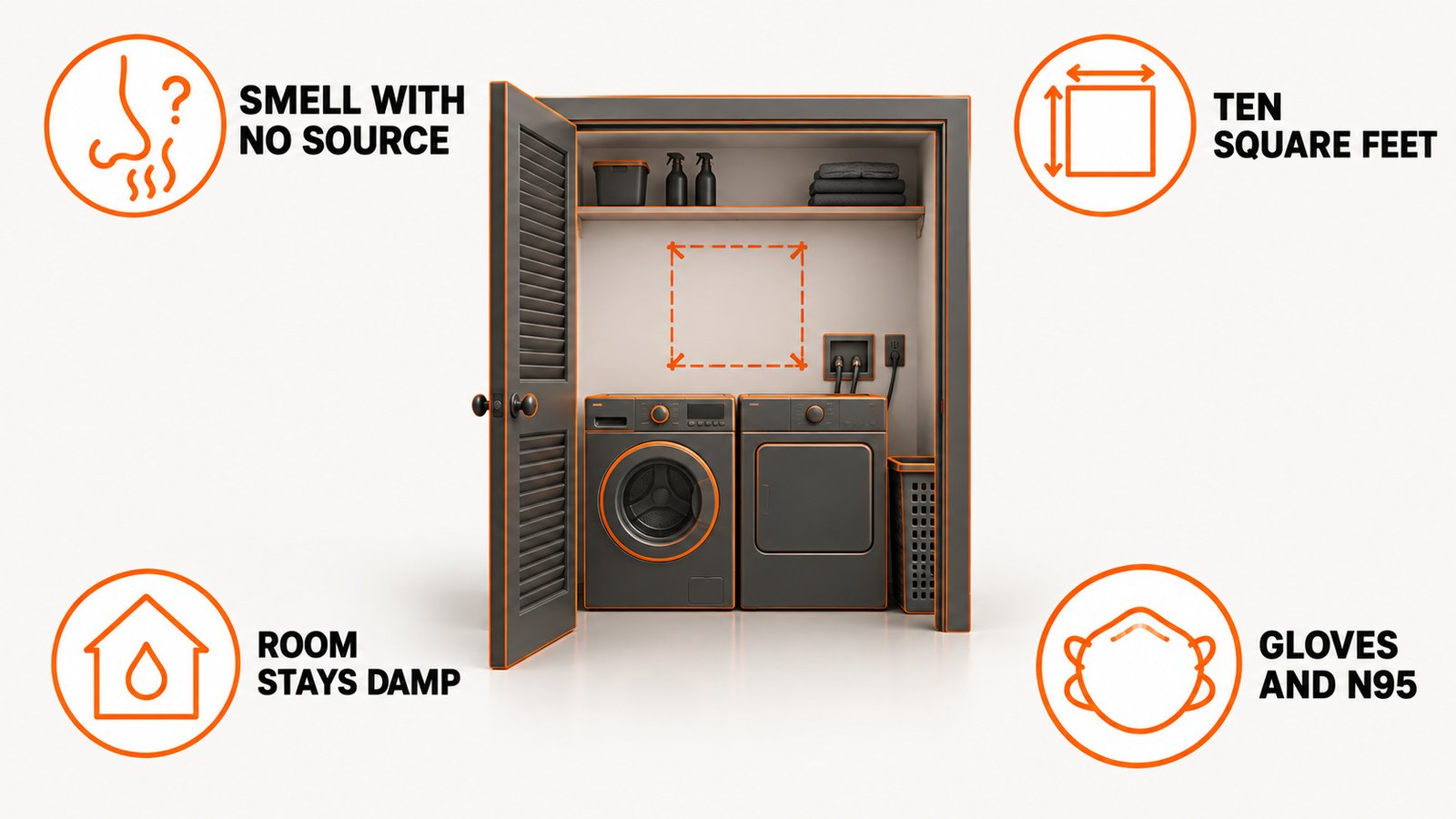 Closet and laundry room outline with a moisture source and a professional referral path marked