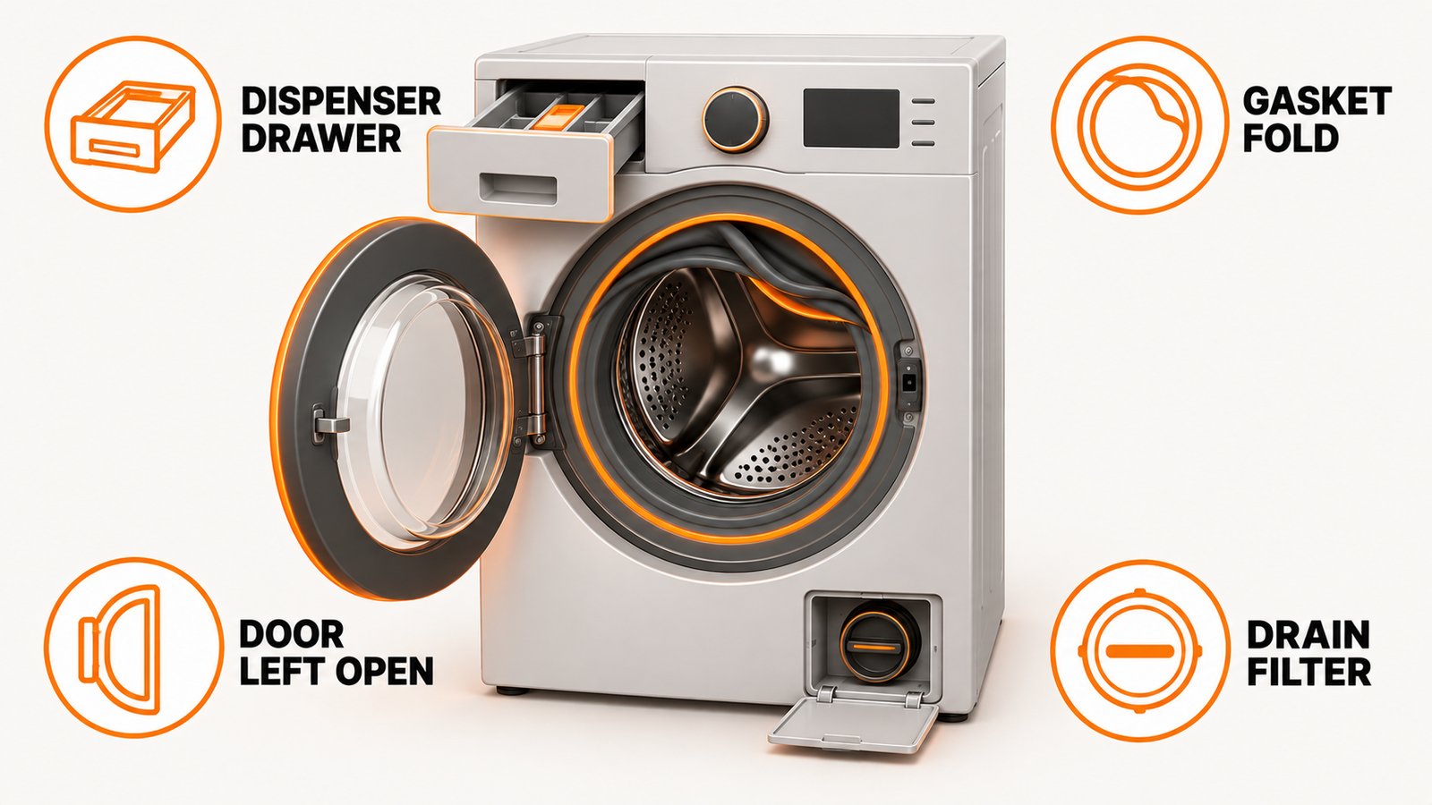 Front loading washing machine with the gasket, dispenser drawer, drain filter and door marked