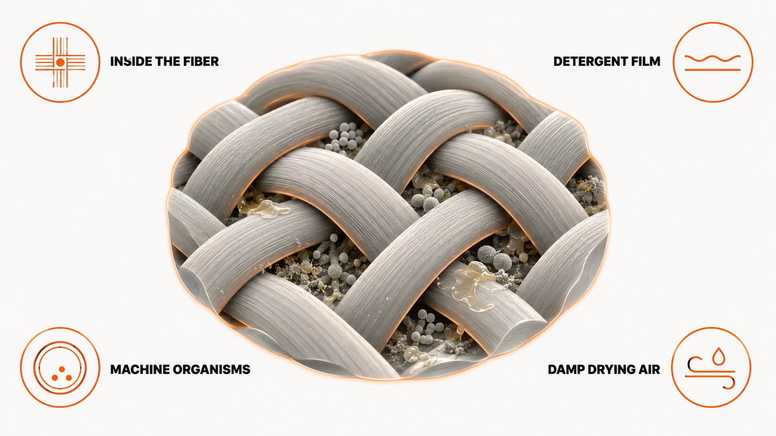 Cross section of fabric fibers showing residue and microbial growth trapped between threads