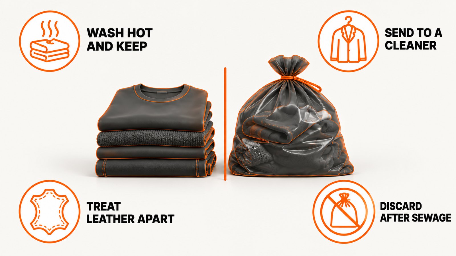 Two piles of garments divided into washable items and items that need a specialist