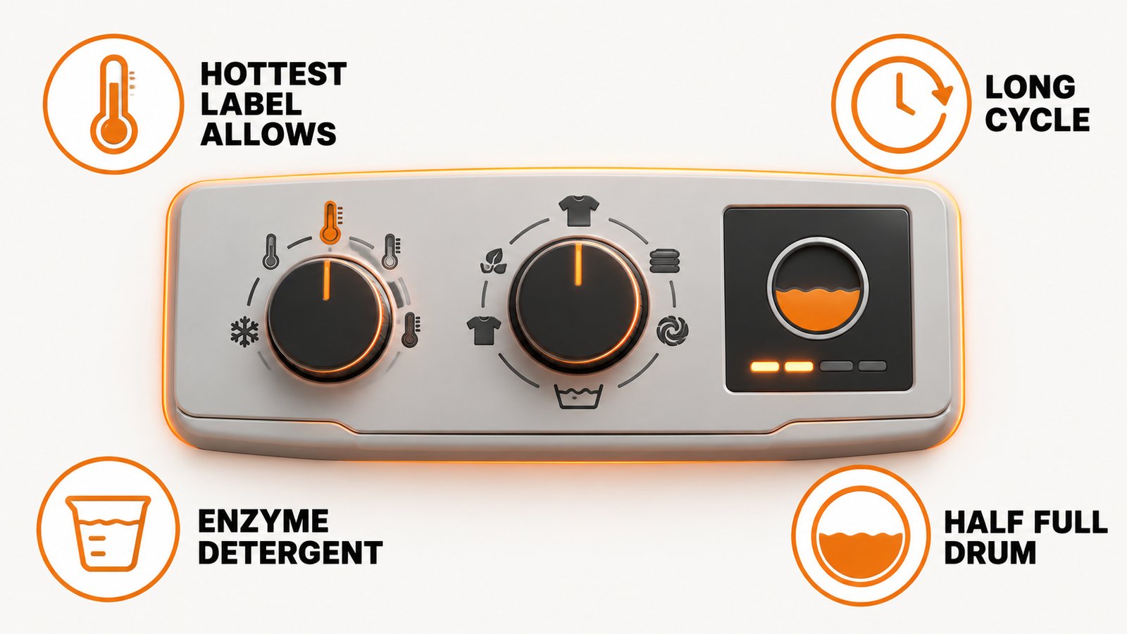 Washing machine control panel with temperature, cycle length, detergent and load size marked