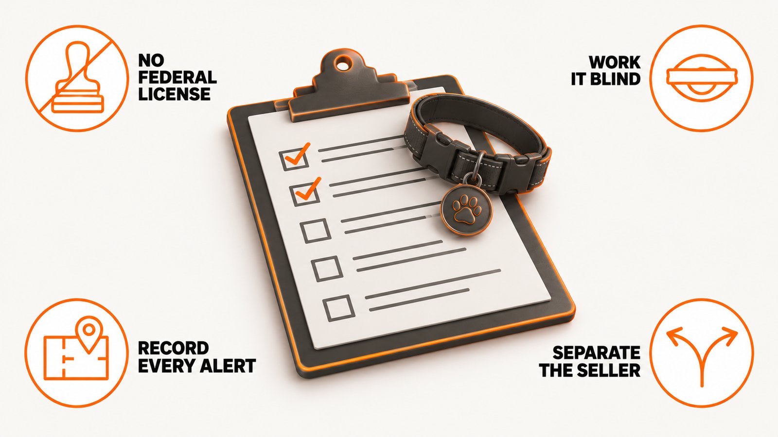 A clipboard with a checklist form and a small collar tag resting on top