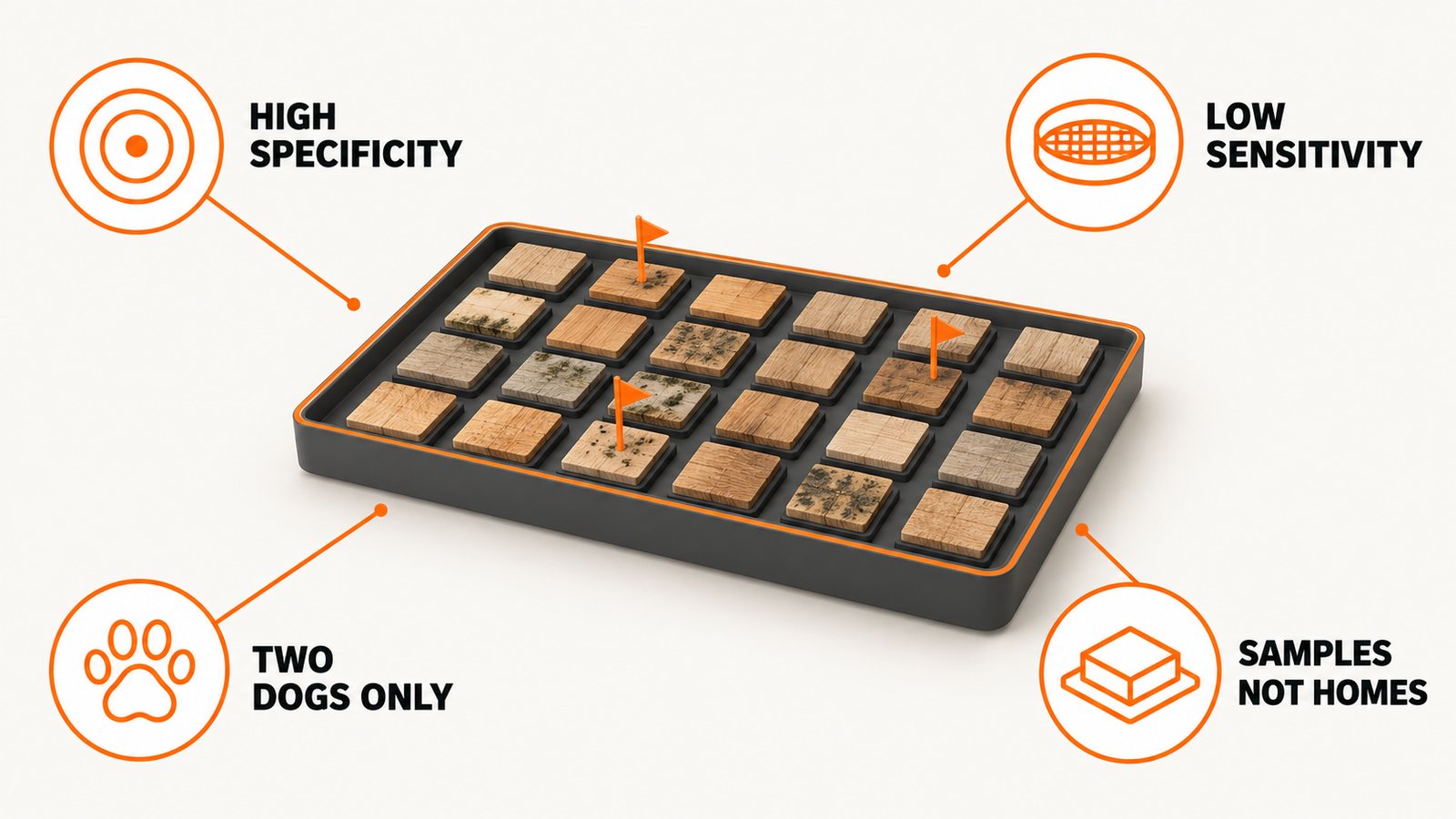 A laboratory tray of small wood sample blocks with a few marked by raised flag pins
