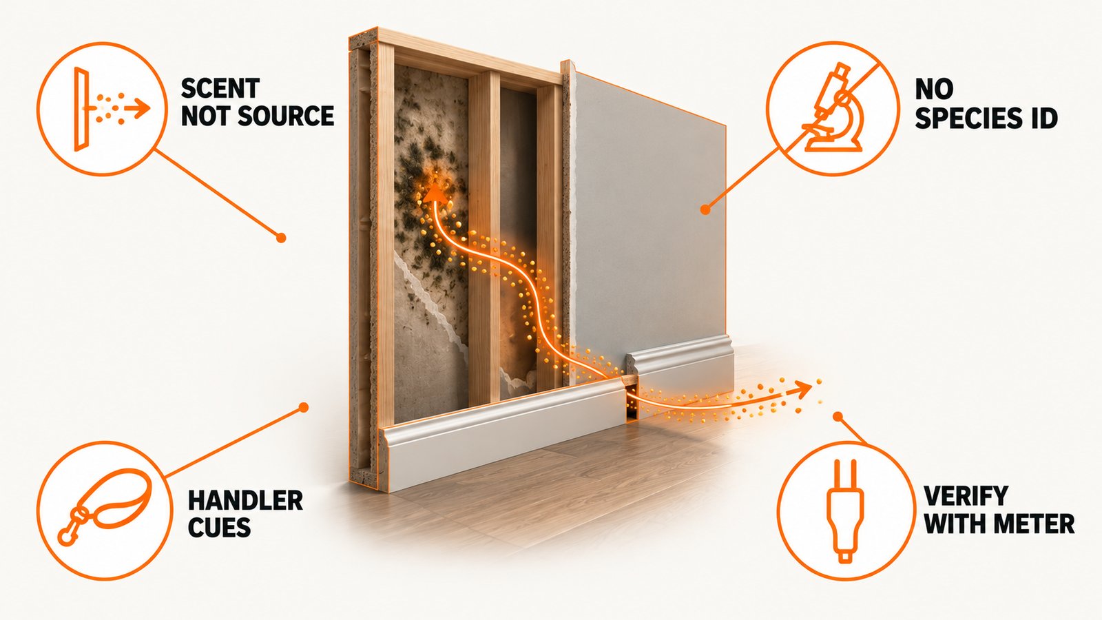 A wall cutaway with hidden growth inside and an airflow line carrying particles out at a baseboard gap