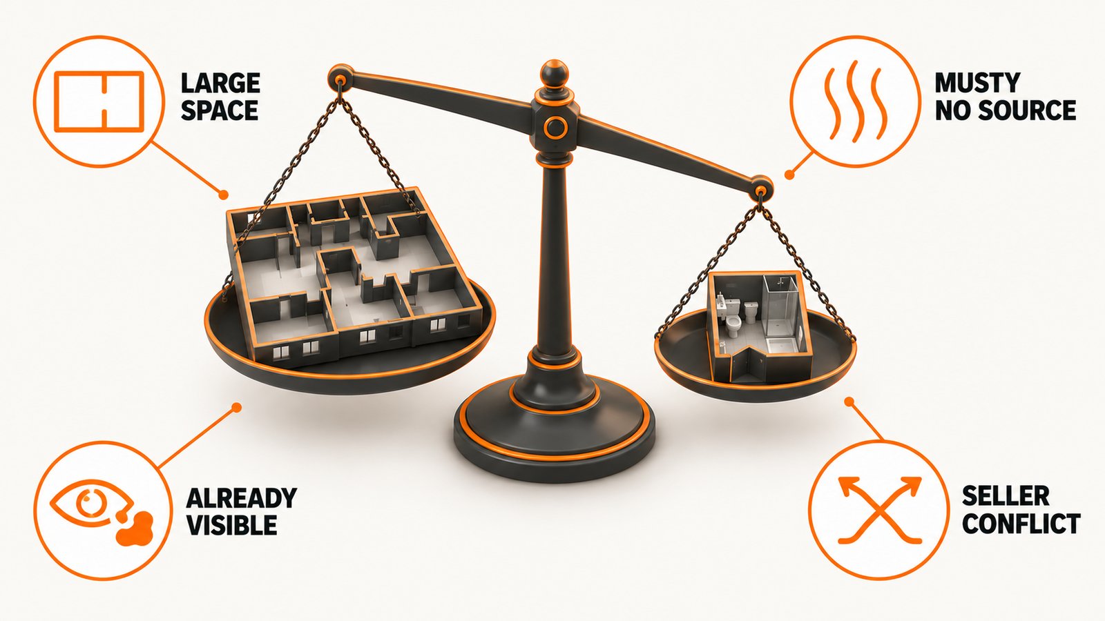 A balance scale weighing a large building floor plan against a single small bathroom plan