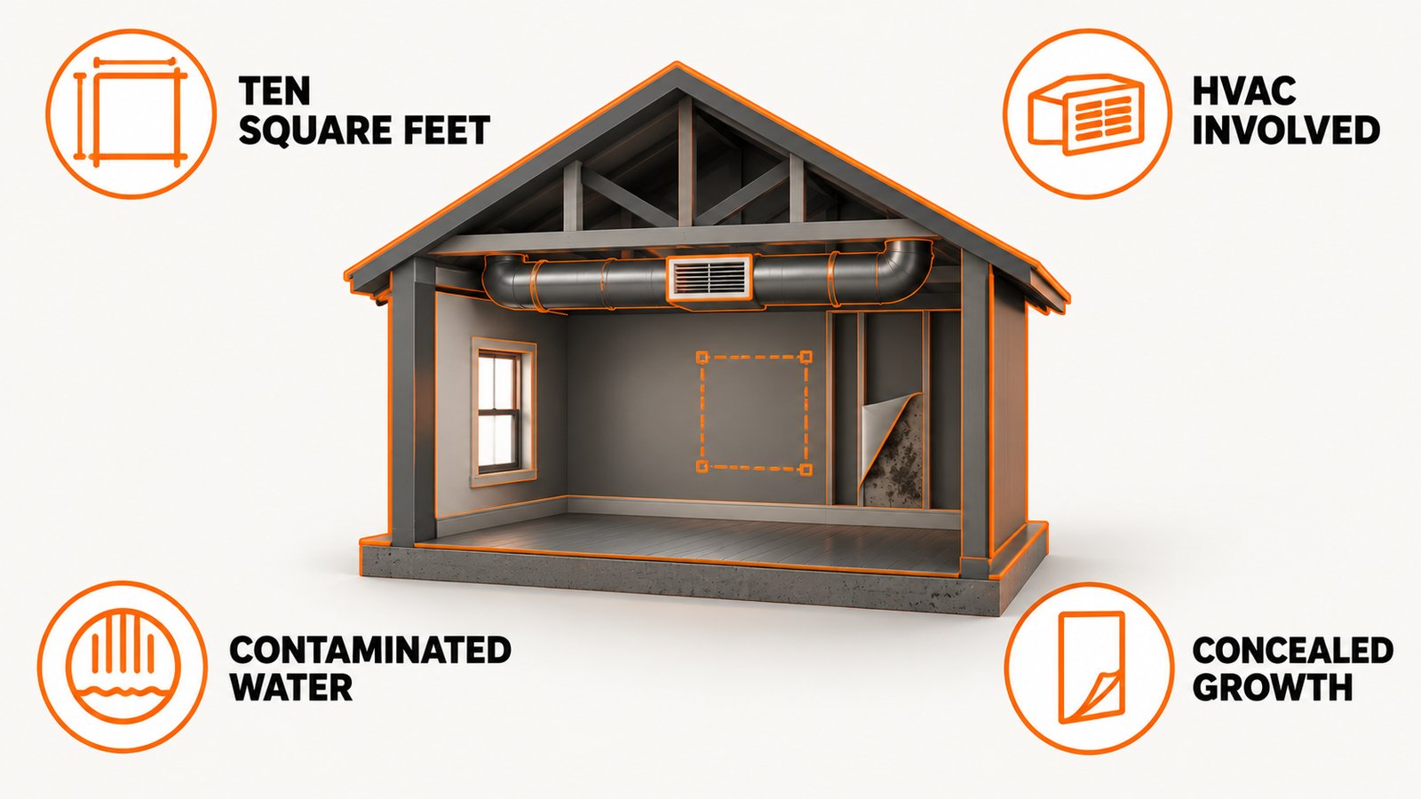 House diagram with a measured area, an HVAC path and a flood line marked