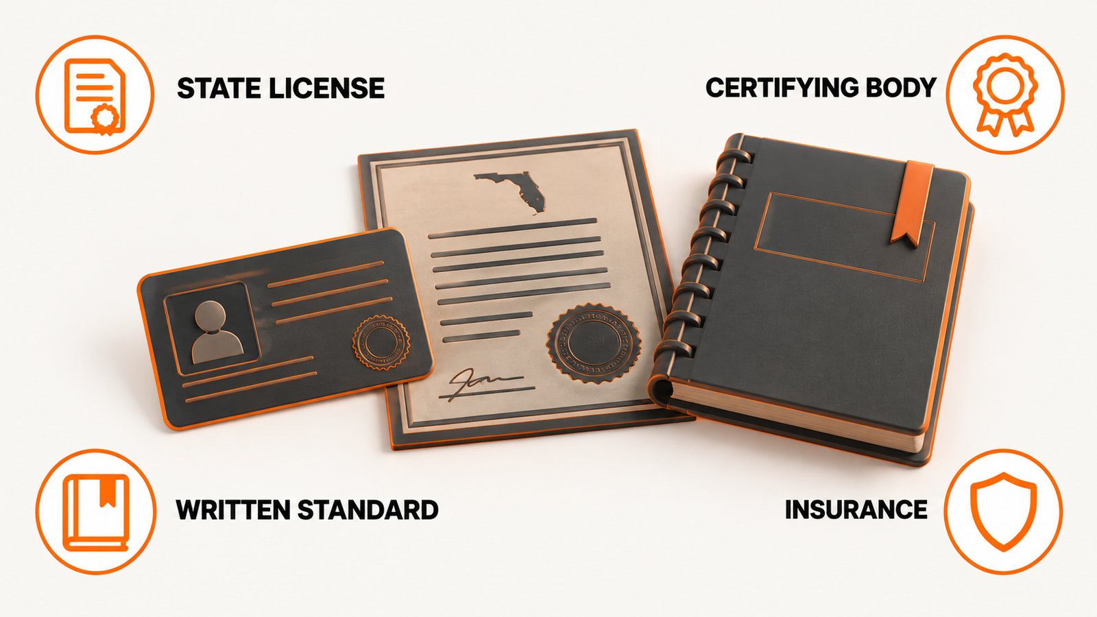 Certification card, state license and standards document arranged on a desk