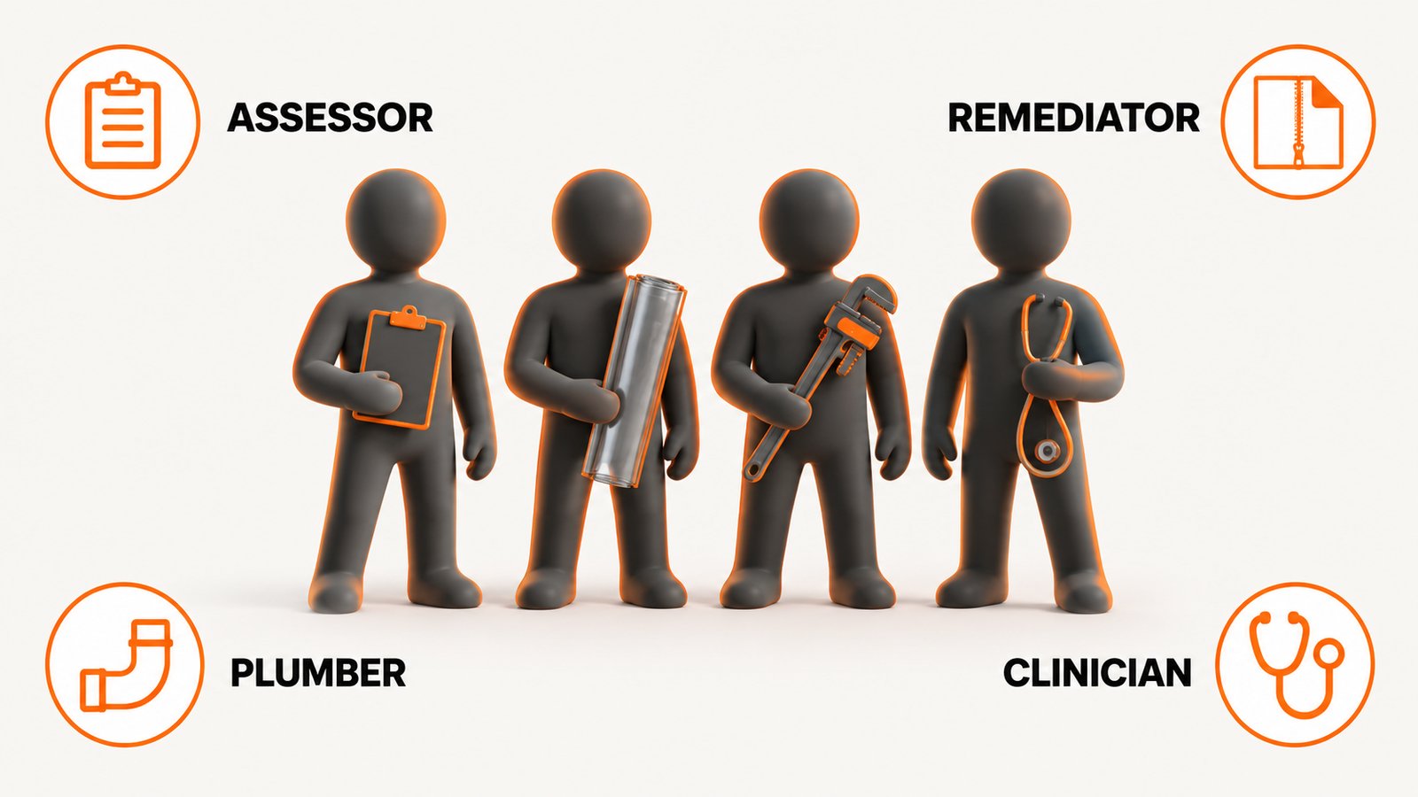 Four professional roles shown as separate figures with their tools