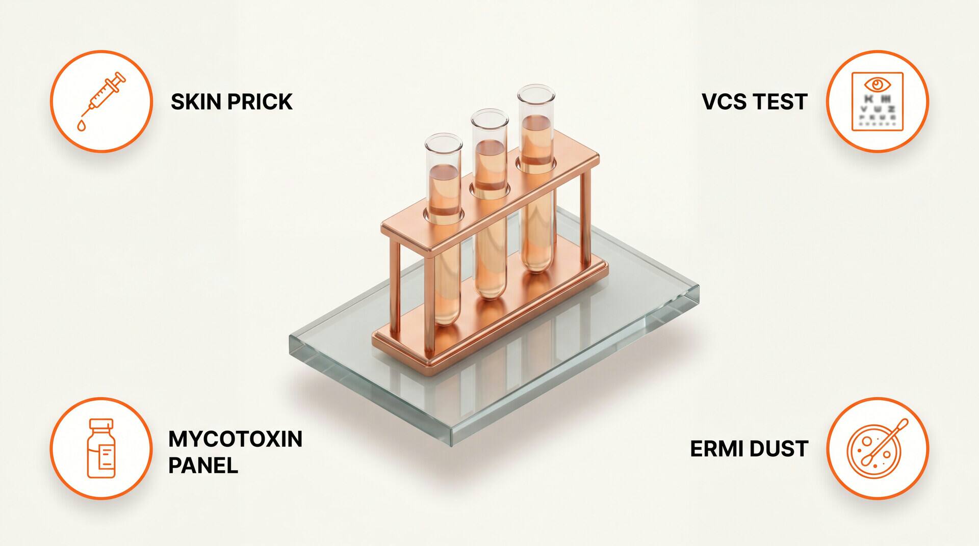 Four ways to test for mold-related illness: skin prick, VCS test, mycotoxin panel, ERMI dust