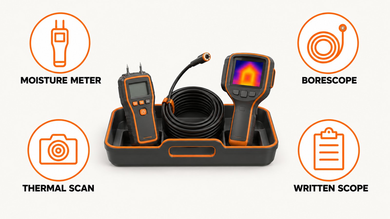 Inspector tools including a moisture meter, borescope, and thermal camera