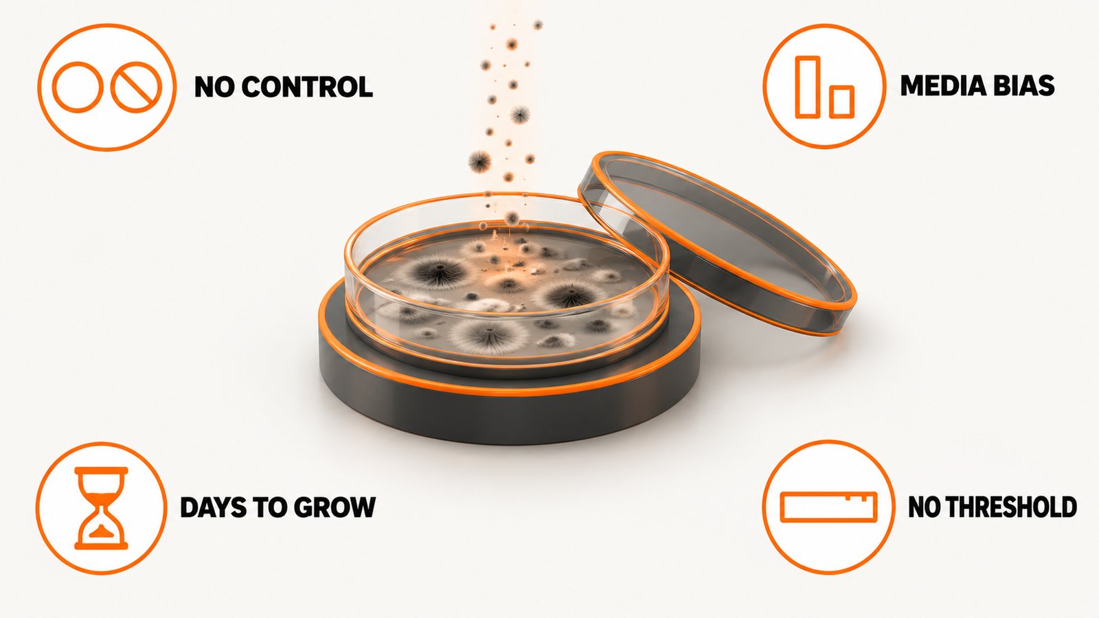 Settling-plate mold test kit with agar dish, lid, and incubation timeline