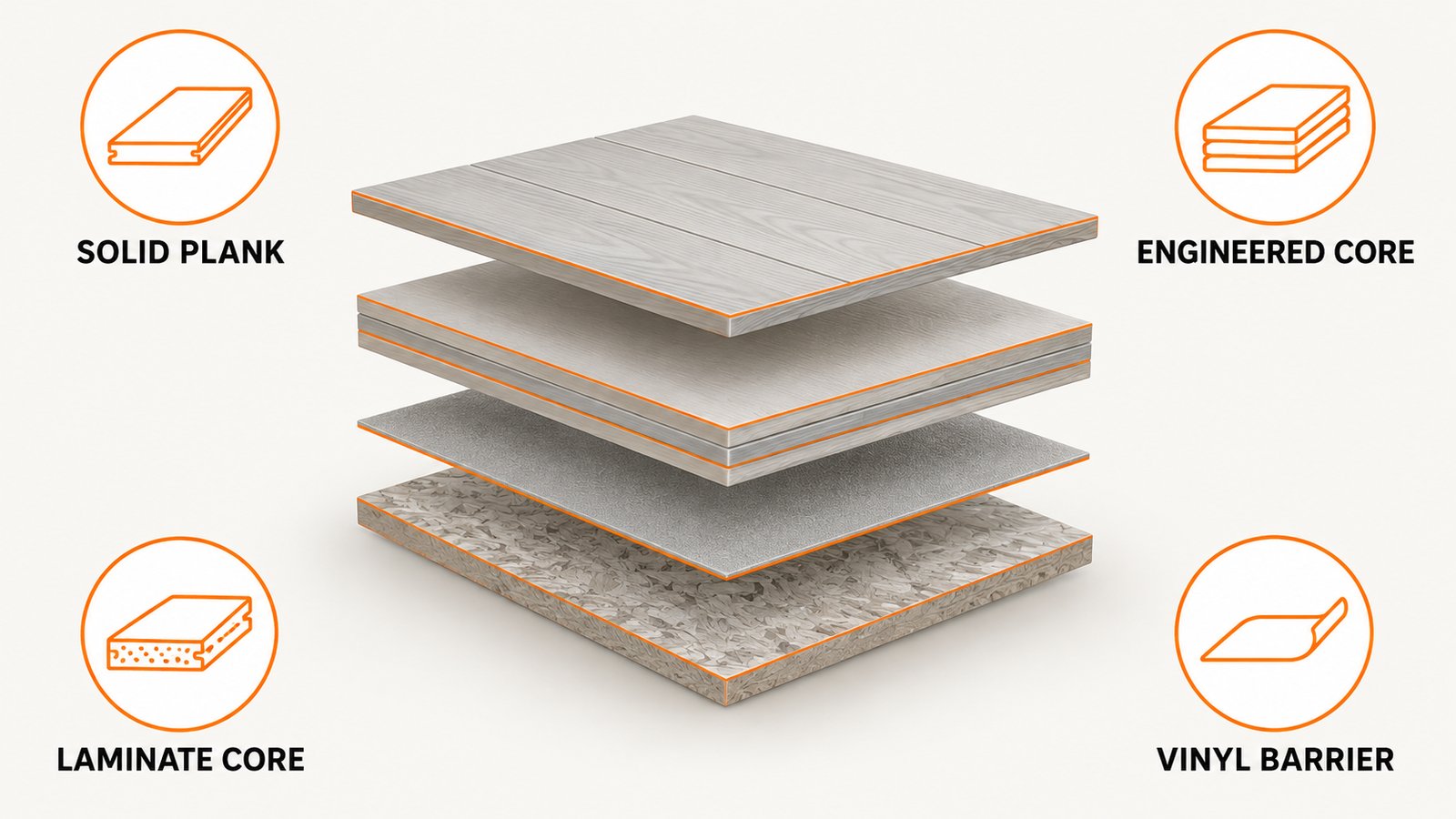 An exploded stack of floor layers from wear layer down to subfloor panel
