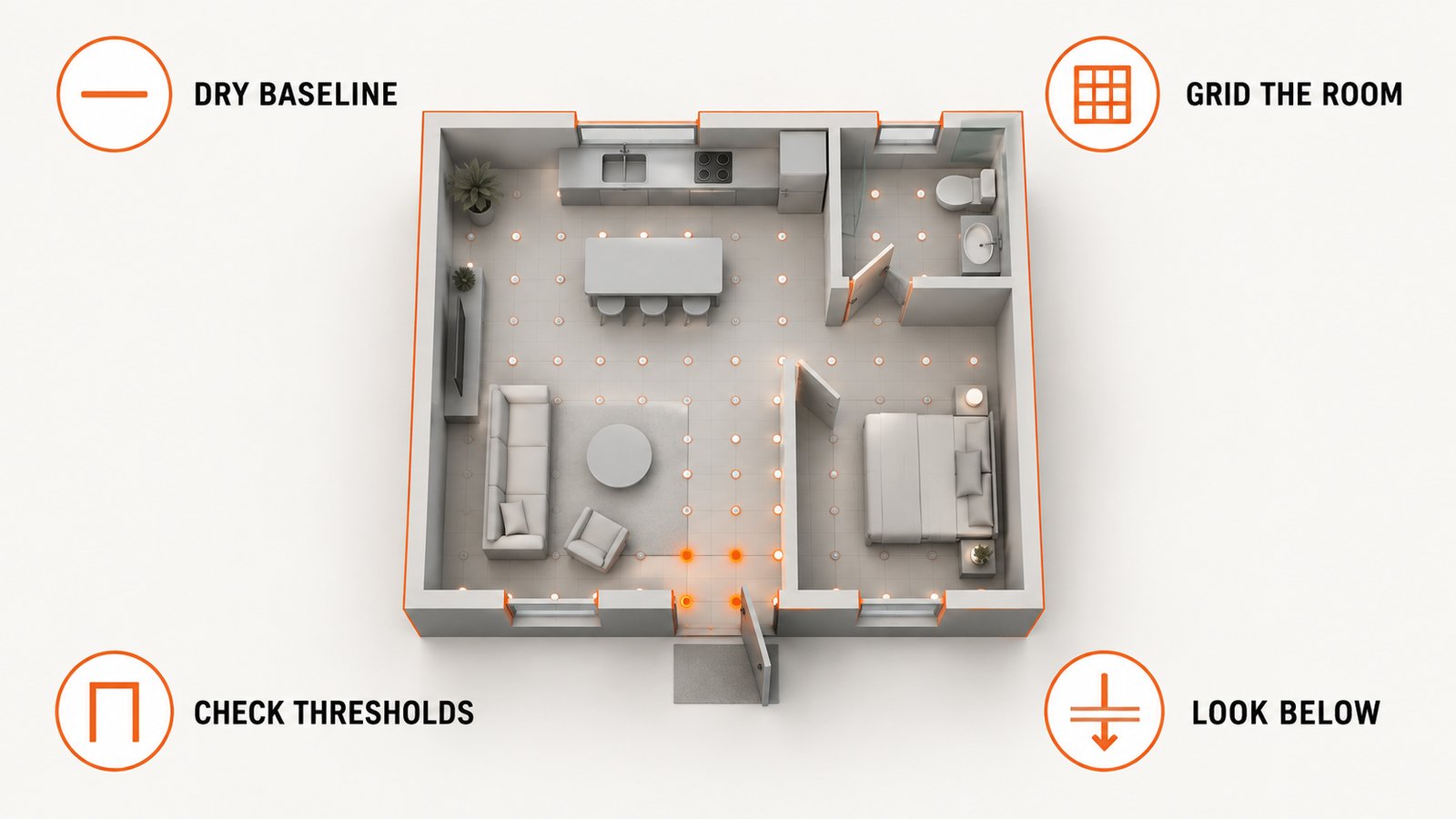 A floor plan seen from above with a grid of moisture reading points, brightest near a doorway