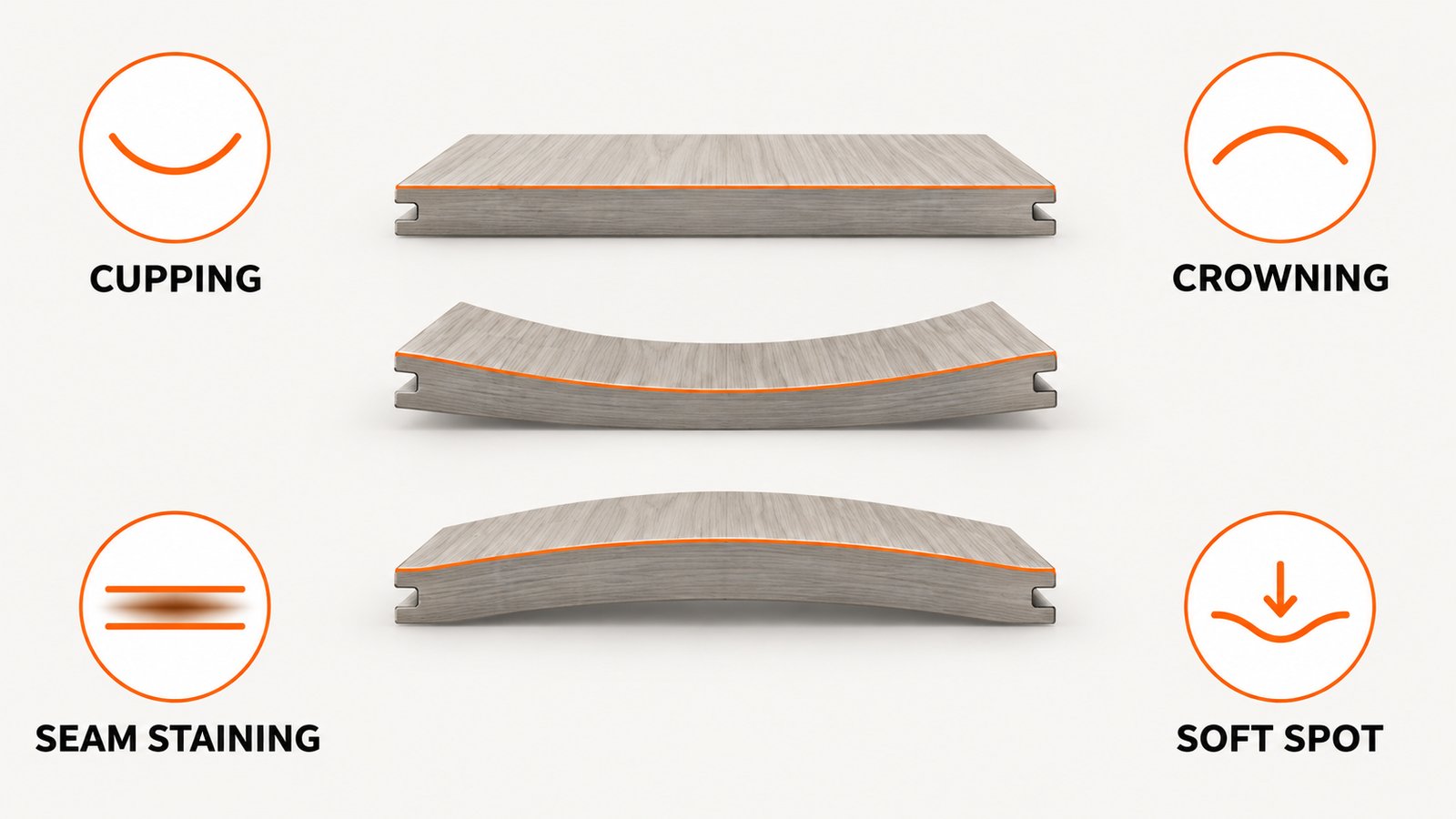 Three plank cross-sections showing a flat board, a cupped board, and a crowned board