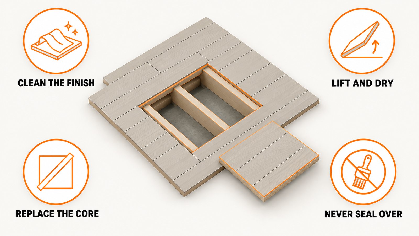 A cut opening in a floor with one panel section removed showing the joists below