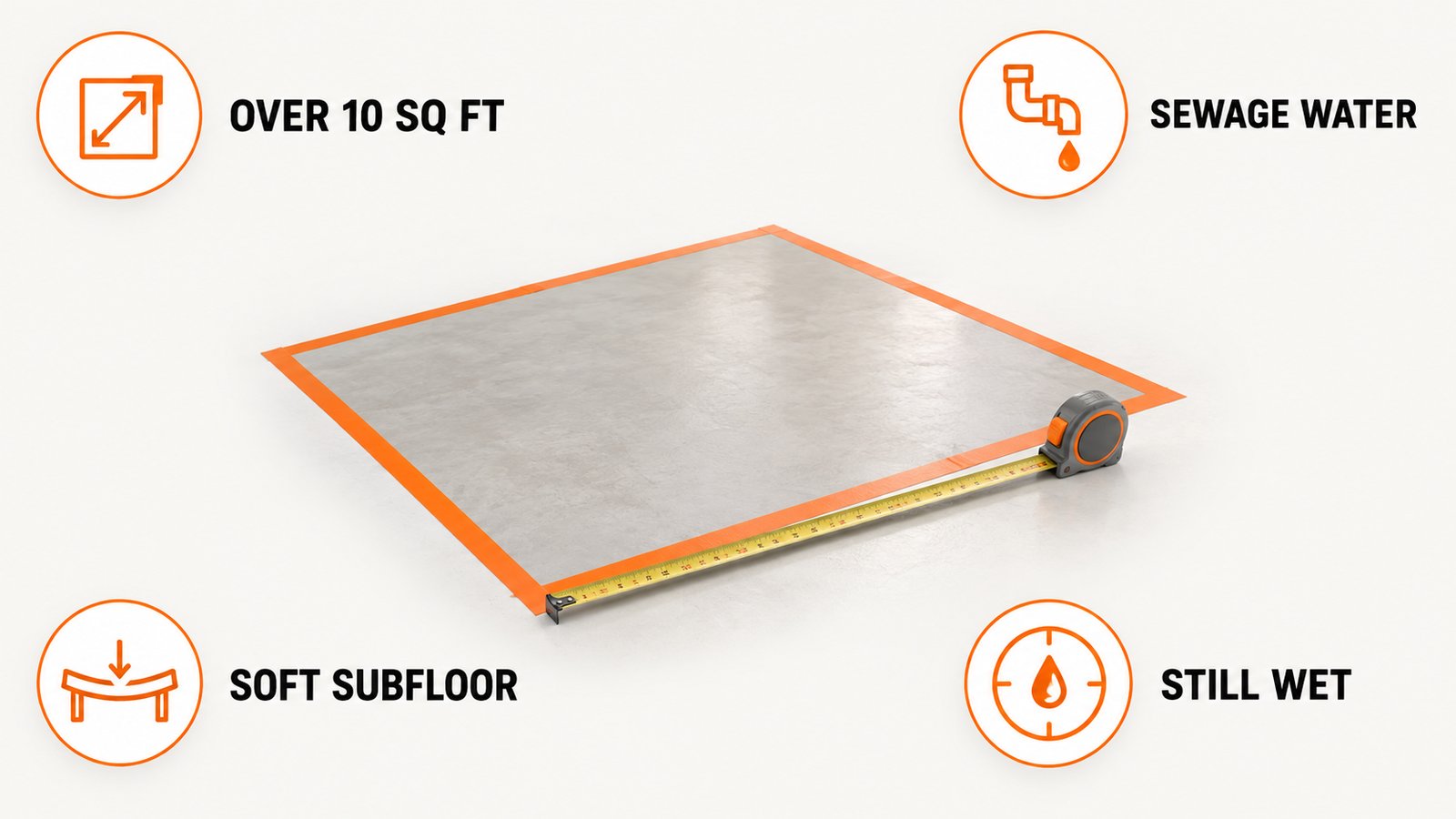 A floor area marked with tape and a measuring tape along one edge
