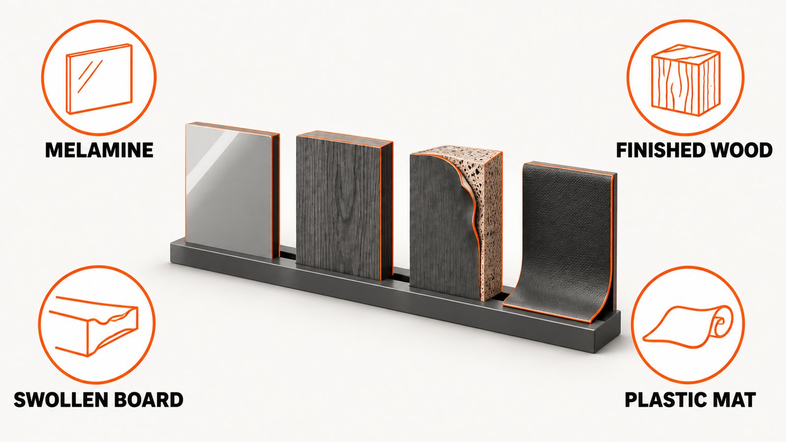 Different cleaning approaches for melamine, finished wood, swollen particleboard and plastic liners