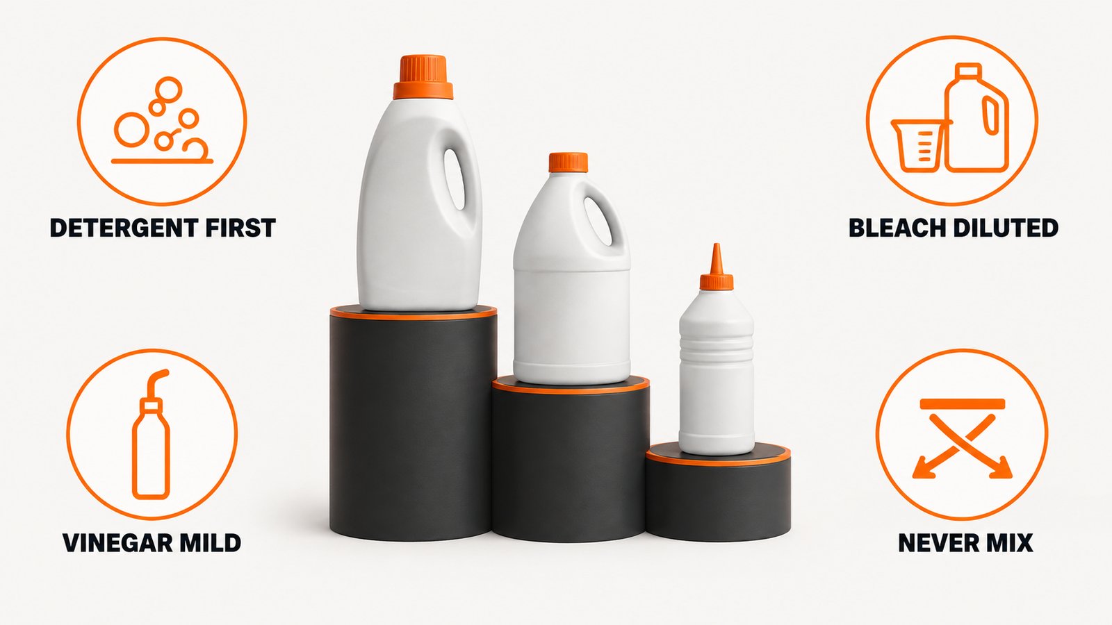 Detergent, bleach solution and vinegar compared for an under-sink cabinet