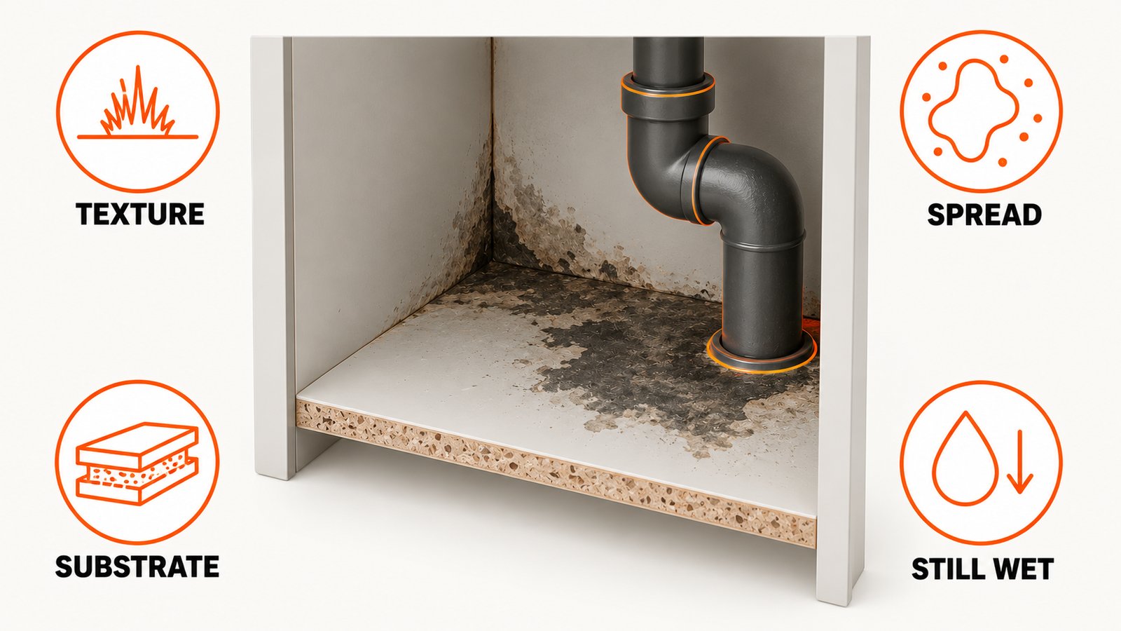 Dark growth on a cabinet floor with the cues that carry information