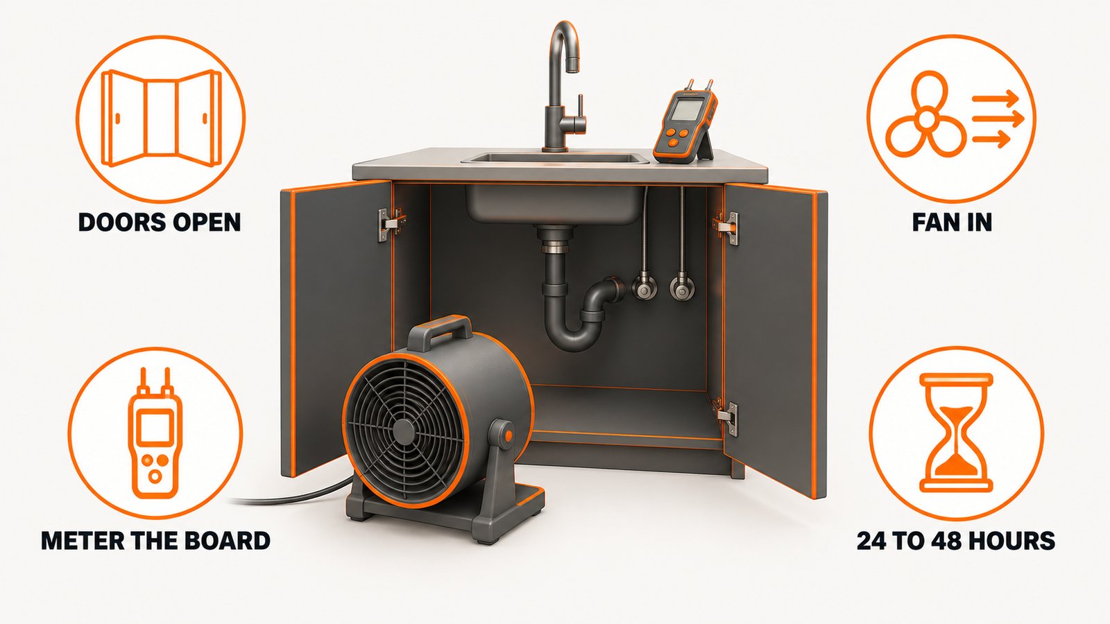Cabinet doors open with a fan directed in and a humidity meter on the shelf