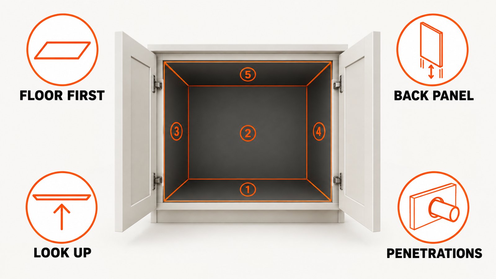 The order to inspect an under-sink cabinet: floor, back, sides, penetrations