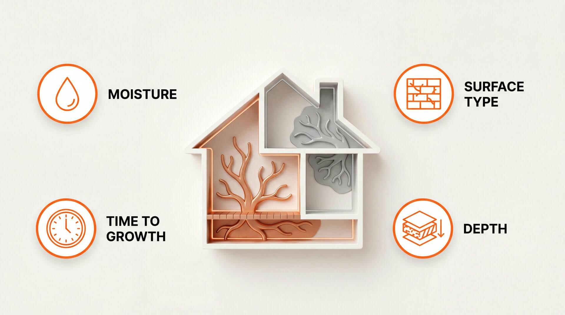 Growth conditions for mold vs mildew: moisture, surface, time, depth