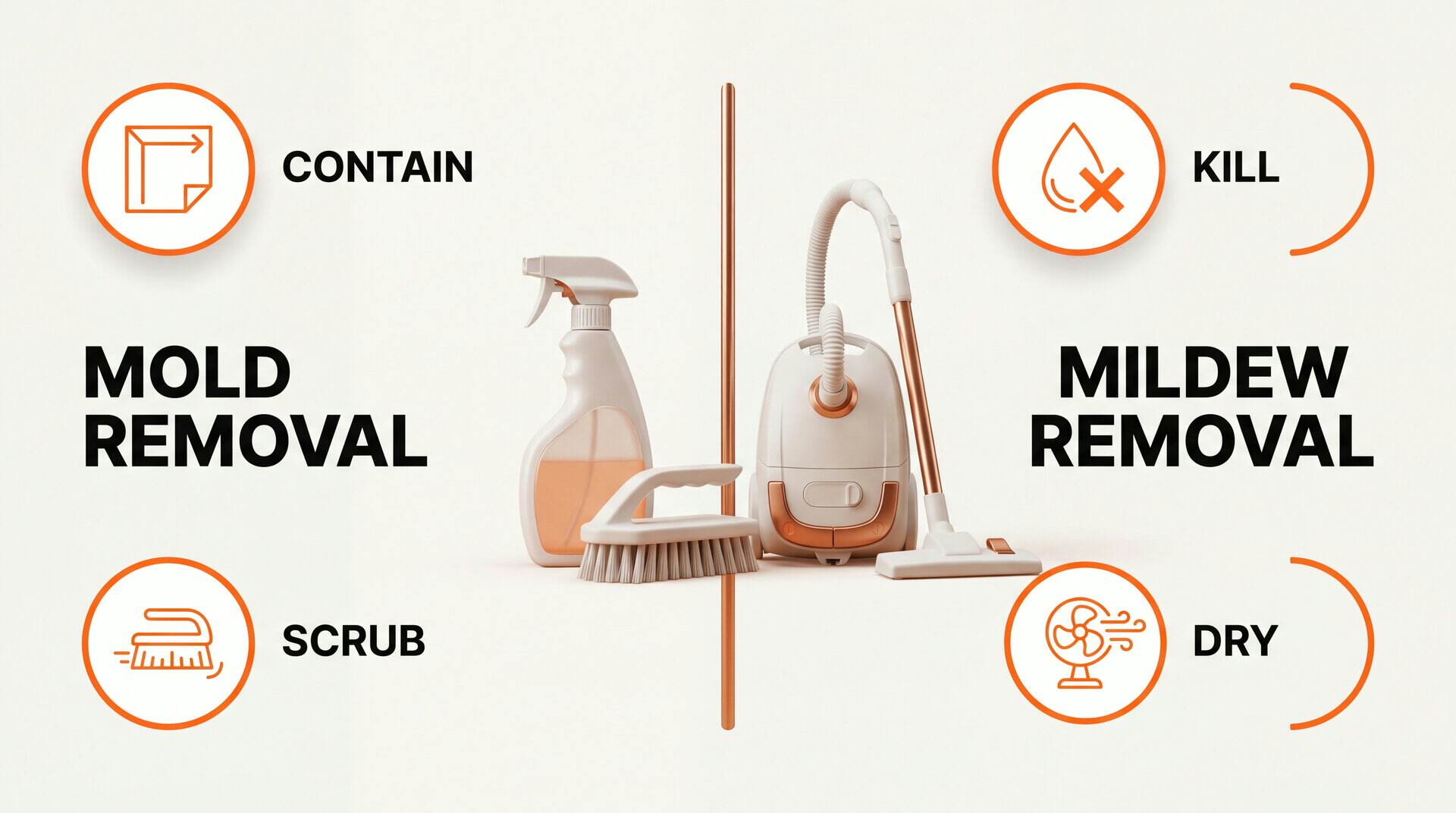 Mold vs mildew removal steps: contain, kill, scrub, dry