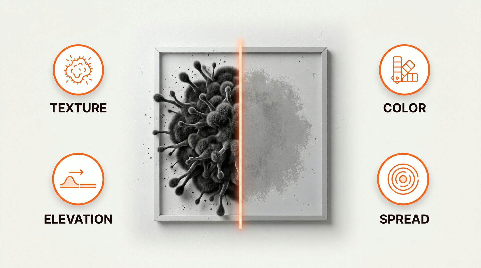Visual differences between mold and mildew: texture, color, elevation, spread