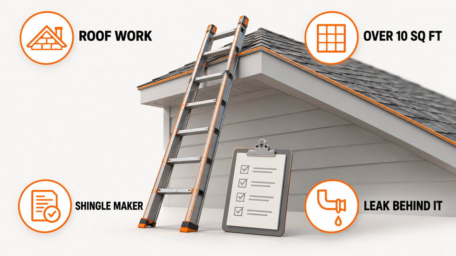 Ladder against a roof edge beside a clipboard