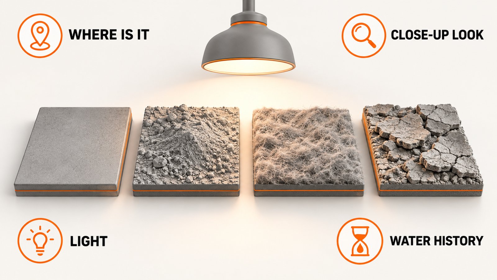 Four sample tiles with different textures lit by a lamp