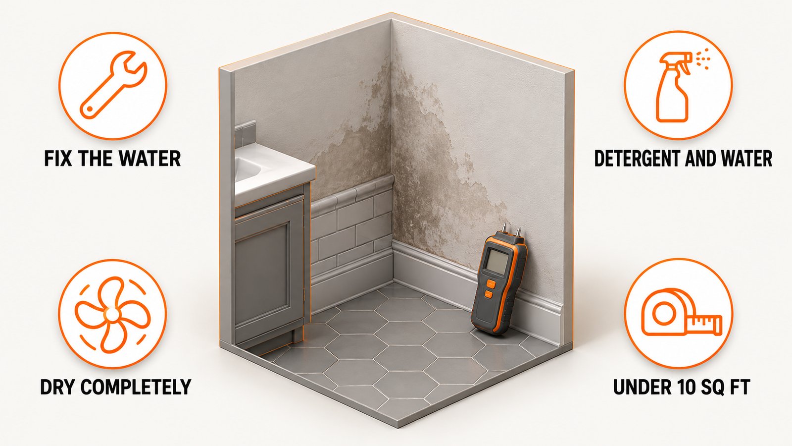 Bathroom wall corner with a damp patch and a moisture meter