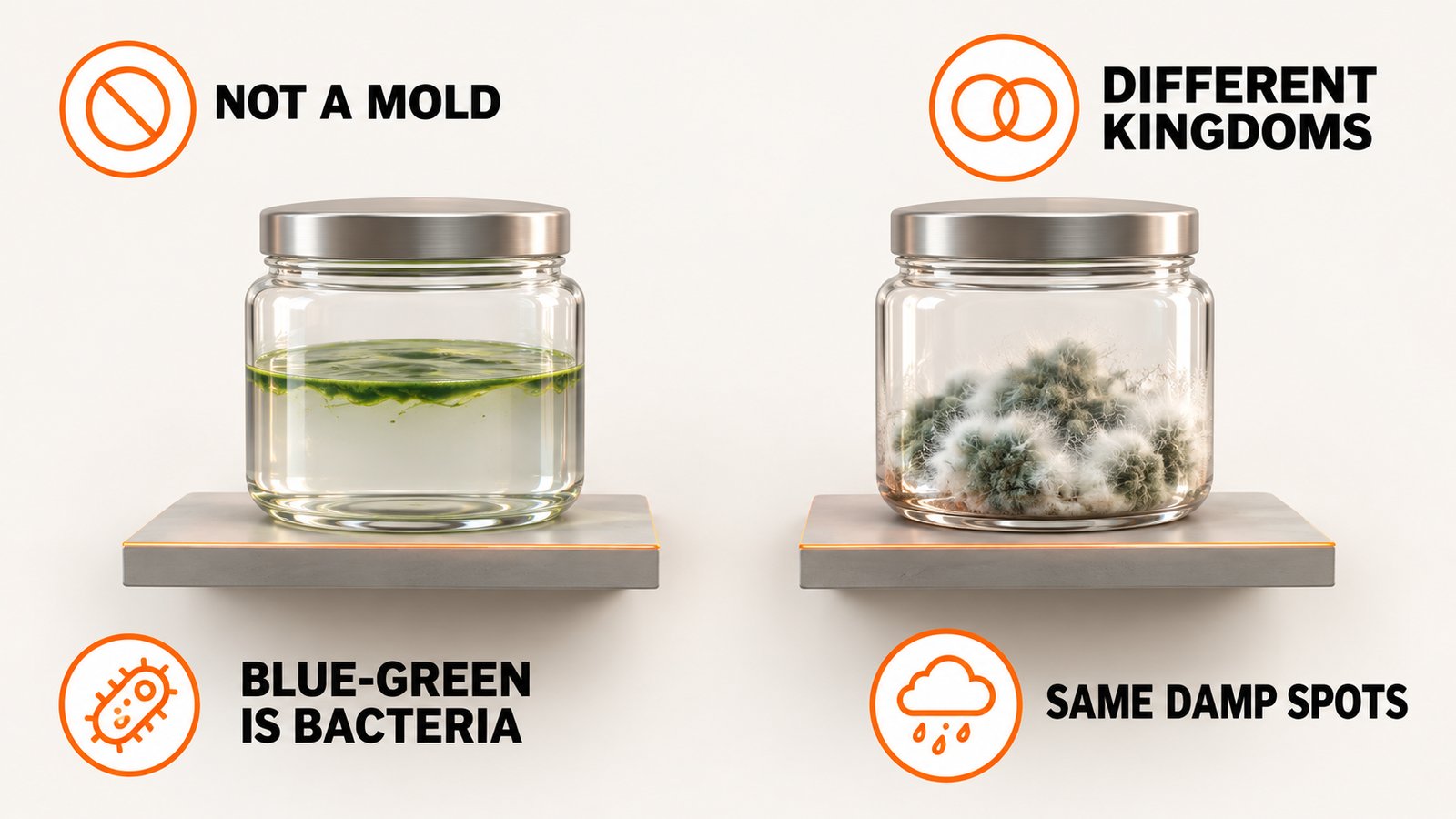 Two separate shelves, one with a green film sample and one with a fuzzy sample